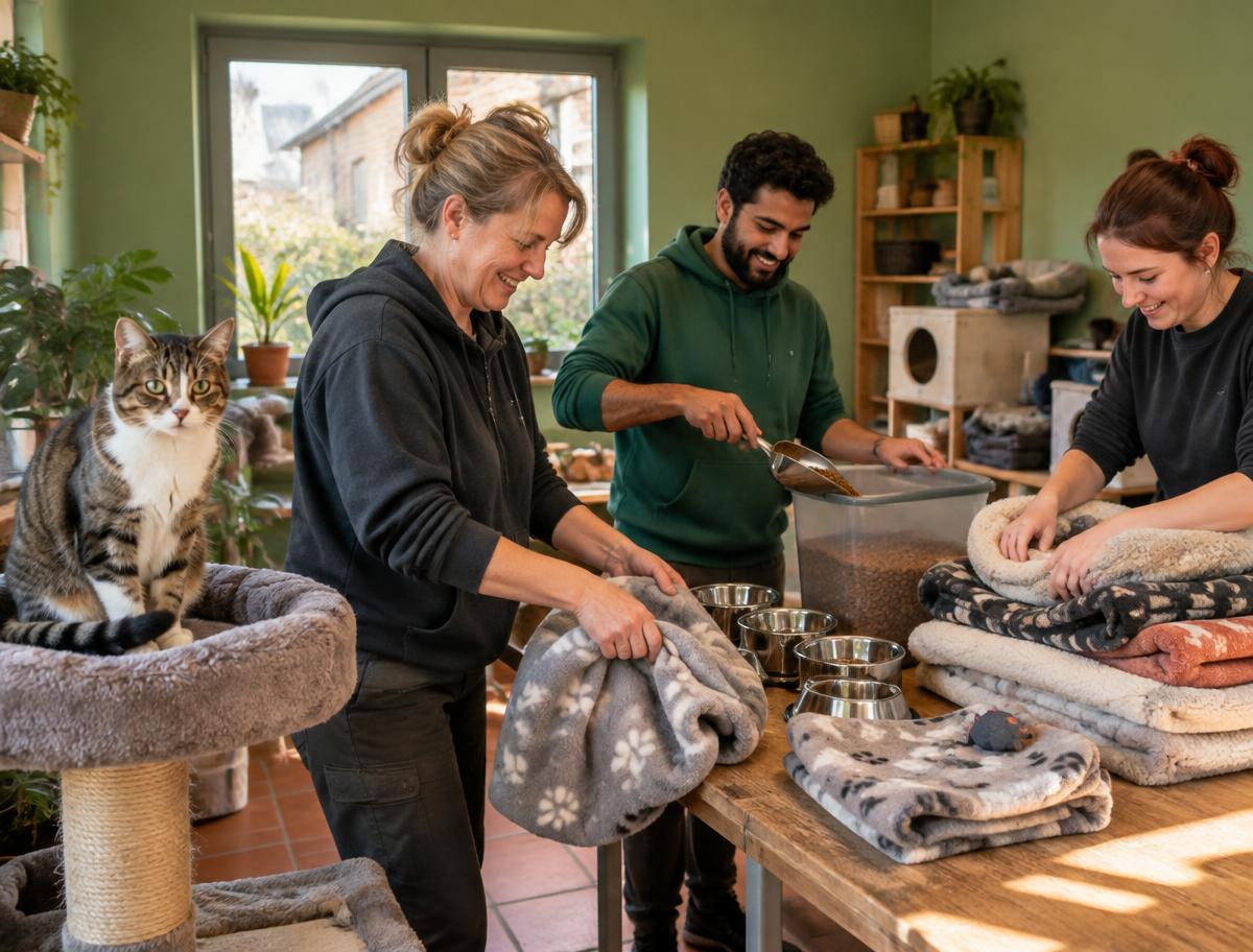 Volunteers preparing food and bedding for rescued cats