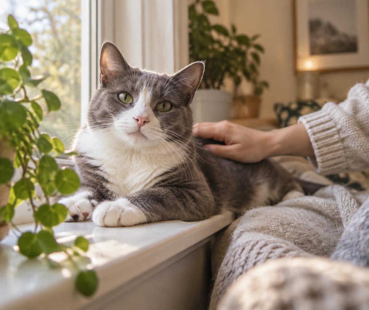 Milo, a rescued grey and white cat, safe in his new home