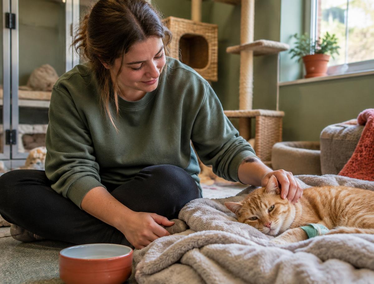 A volunteer caring for a recovering ginger cat